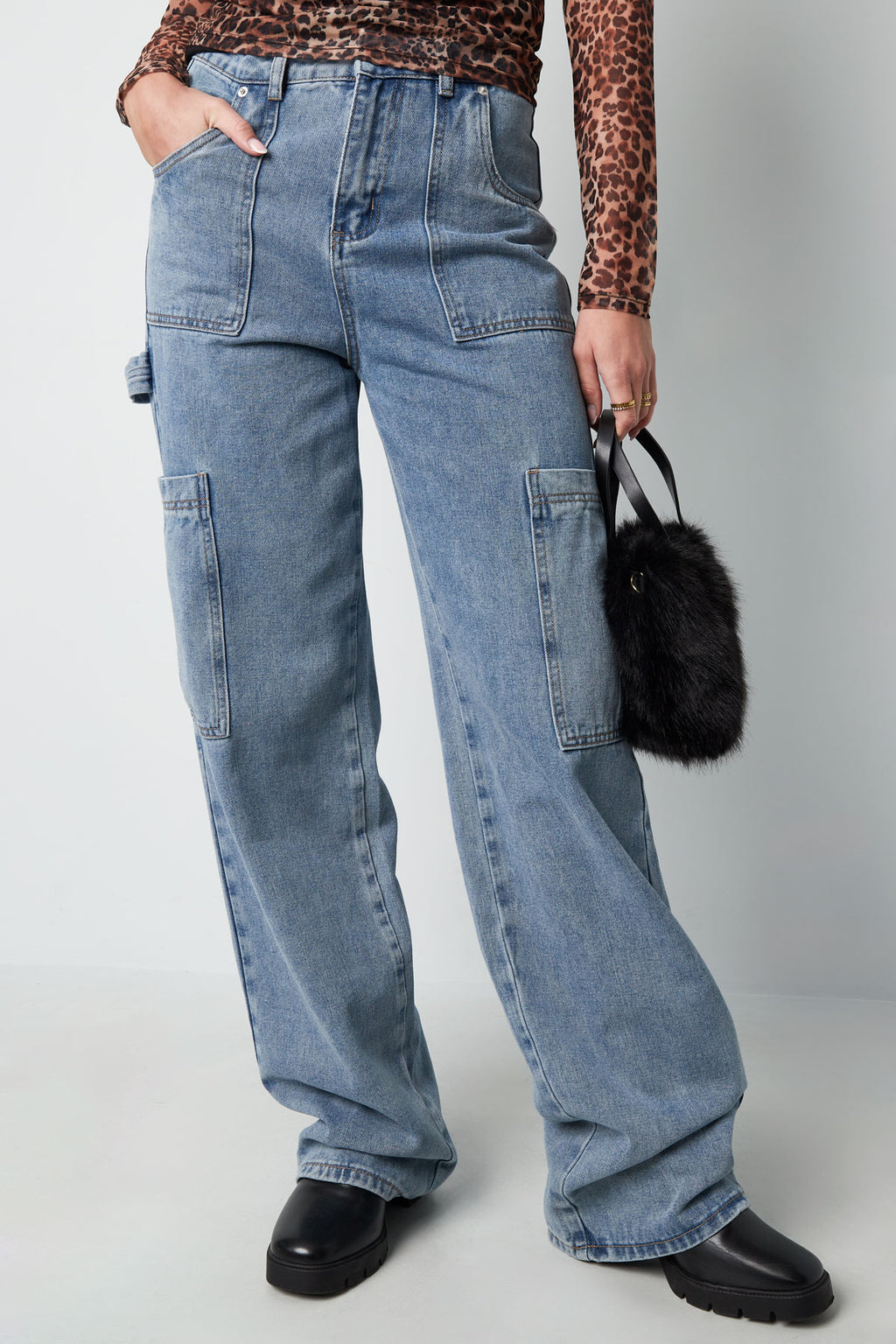 Cotton Woven Women's Straight Leg Denim Pants Casual Solid Color Medium Indigo