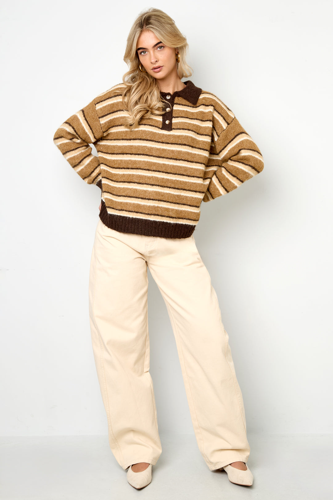 Knitted polo sweater with stripes